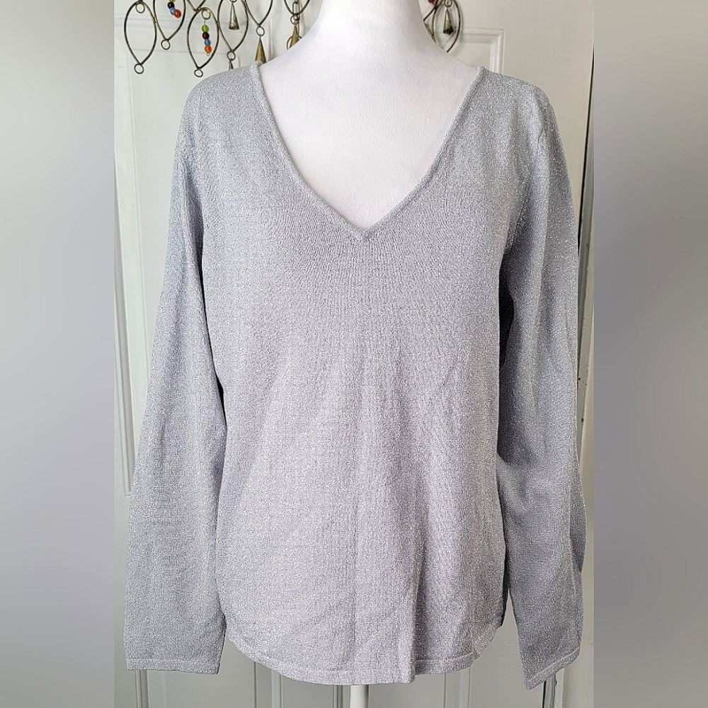 Vintage Y2K New York & Co. V Neck Sweater Women's L Metallic Sliver Long Sleeved